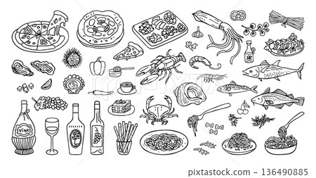 Hand Drawn Mediterranean Food Illustration Set Inspired By Italian And Spanish Nautical Cuisine 136490885