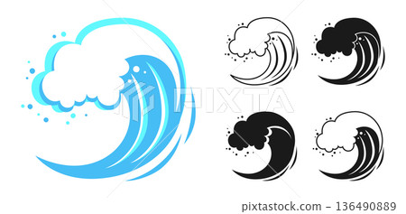 Sea Round Wave for Logo Water Splashes Flowing Waves Storm Ocean Shapes Fluid Aquatic Doodle Set 136490889