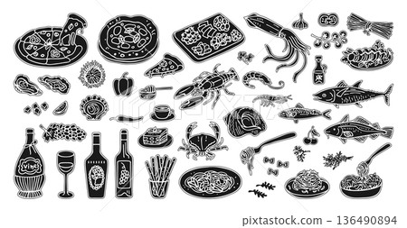 Hand Drawn Mediterranean Food Illustration Set Inspired By Italian And Spanish Cuisine Doodle Style 136490894