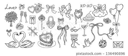 Whimsical Valentine Illustration Set Hand Drawn Coquette Doodle Line Girly Romantic Vintage Elements Whimsical Valentine Illustration Set Hand Drawn Coquette Doodle Line Girly Romantic Vintage Elements 136490896