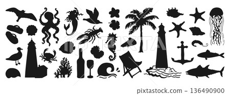 Hand Drawn Coastal Living Illustration Ocean Travel Stamp Mediterranean Travel Silhouette Sticker 136490900