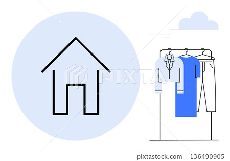 Ecommerce, home organization, retail, clothing storage, apparel shopping, minimalist living. Clothing rack with garments beside a simple house symbol. Ecommerce and home organization concepts Ecommerce, home organization, retail, clothing storage, apparel shopping, minimalist living. Clothing rack with garments beside a simple house symbol. Ecommerce and home organization concepts 136490905