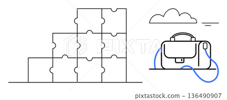 Business strategy, career development, teamwork, problem solving, organization, entrepreneurship. Stacked puzzle pieces and a briefcase icon with a cloud. Business strategy and career development Business strategy, career development, teamwork, problem solving, organization, entrepreneurship. Stacked puzzle pieces and a briefcase icon with a cloud. Business strategy and career development 136490907