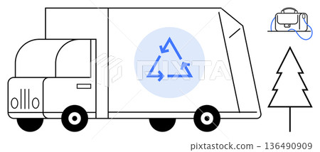 Eco-friendly transport, sustainability solutions, waste management, recycling technology, green energy, environmental conservation. Electric truck with recycling symbol, tree, and charging station Eco-friendly transport, sustainability solutions, waste management, recycling technology, green energy, environmental conservation. Electric truck with recycling symbol, tree, and charging station 136490909