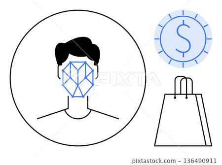 Biometric technology, e-commerce, digital payment, security, identity verification, retail innovation. Graphic shows a mesh face scan, shopping bag and money icon. Biometric technology Biometric technology, e-commerce, digital payment, security, identity verification, retail innovation. Graphic shows a mesh face scan, shopping bag and money icon. Biometric technology 136490911