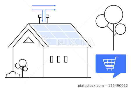 Renewable energy, sustainability, eco-friendly housing, technology, e-commerce, smart home. A house with solar panels, trees and a shopping cart diagram. Renewable energy and sustainability concepts Renewable energy, sustainability, eco-friendly housing, technology, e-commerce, smart home. A house with solar panels, trees and a shopping cart diagram. Renewable energy and sustainability concepts 136490912