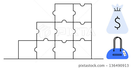 Business planning, financial management, shopping, retail strategy, budget management, problem-solving. A stack of puzzle pieces, a moneybag and a handbag with a price tag. Business planning Business planning, financial management, shopping, retail strategy, budget management, problem-solving. A stack of puzzle pieces, a moneybag and a handbag with a price tag. Business planning 136490913