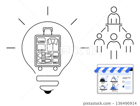 E-commerce, innovation, customer engagement, online retail, business growth, marketing strategy. Minimalist graphic of a lightbulb with travel merchandise, network chart, and digital storefront 136490914