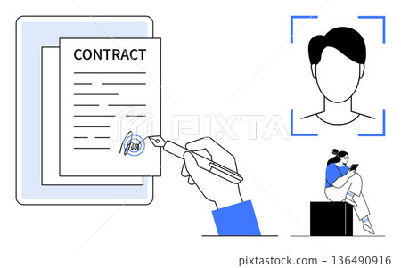 Business agreements, identity verification, face recognition, online profiles, remote contracts, digital security. Hand signing a contract, face scanning icon person using a phone. Business Business agreements, identity verification, face recognition, online profiles, remote contracts, digital security. Hand signing a contract, face scanning icon person using a phone. Business 136490916