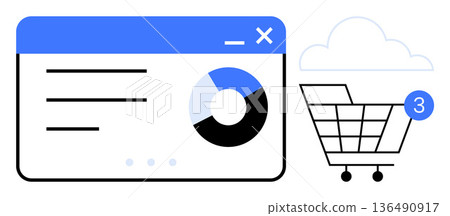 E-commerce, online shopping, data visualization, retail, cloud storage, notifications. A data chart next to a shopping cart with a notification bubble. E-commerce and data visualization concept E-commerce, online shopping, data visualization, retail, cloud storage, notifications. A data chart next to a shopping cart with a notification bubble. E-commerce and data visualization concept 136490917