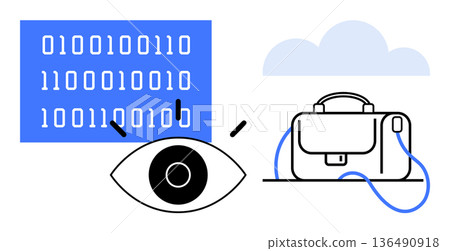 Data privacy, cybersecurity, cloud storage, digital monitoring, information security, visual analytics. Illustration of an eye with binary code and a cloud-linked briefcase. Data privacy 136490918