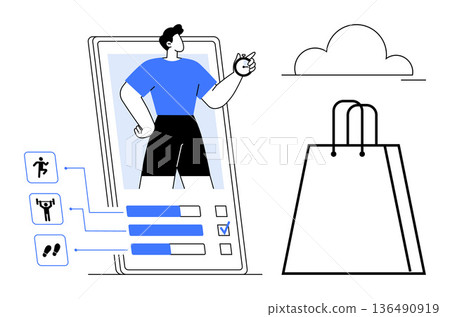 Fitness apps, online shopping, health tracking, digital lifestyles, e-commerce, fitness personalization. A smartphone interface with fitness activities, human figure and shopping bag icon. Fitness Fitness apps, online shopping, health tracking, digital lifestyles, e-commerce, fitness personalization. A smartphone interface with fitness activities, human figure and shopping bag icon. Fitness 136490919