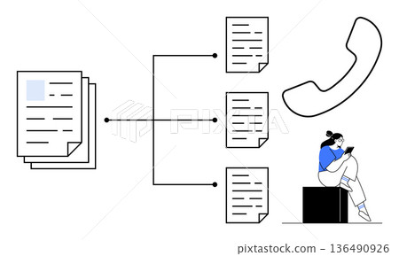 Data organization, communication systems, workflow processes, remote work, digital tools, productivity concept. A stack of files connected to distributed documents and phone icon. Data organization 136490926