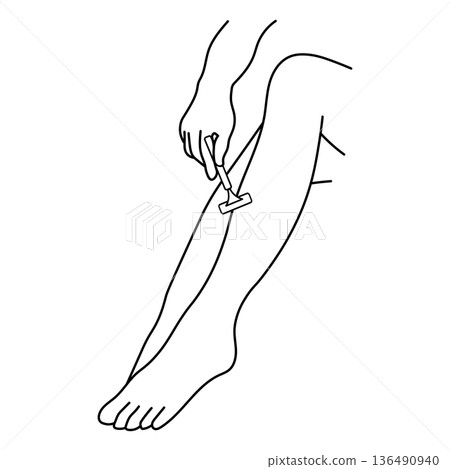 Line drawing of a person shaving their legs Line drawing of a person shaving their legs 136490940