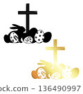 Easter bunny, Christian cross and painted Easter eggs 136490997