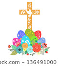 Easter eggs, beautiful flowers and a Christian cross 136491000