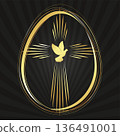 Golden Easter egg and golden cross with rays of radiance, dove of peace 136491001