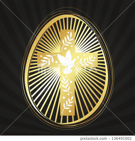 Golden Easter egg with rays of light and a Christian cross 136491002