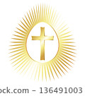 Golden Easter egg with rays of light and Christian cross design 136491003