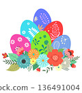 Painted Easter eggs, beautiful spring flowers, Easter design 136491004