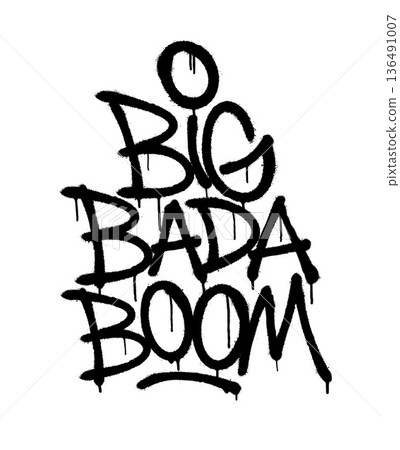 Graffiti-style Big Bada Boom text with black dripping spray on white. Graffiti-style Big Bada Boom text with black dripping spray on white. 136491007