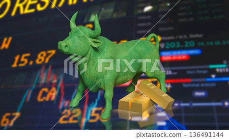 Green Bull Market Symbol With Gold Bars And Rising Stock Chart 3d render. 136491144