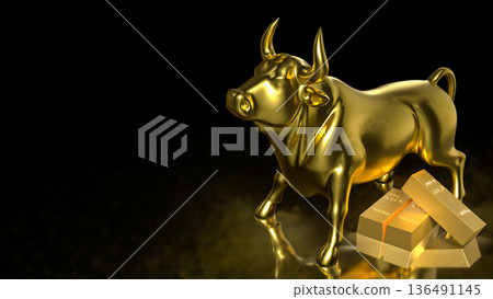 Golden Bull Market Symbol With Gold Bars On Black Background 3d render. Golden Bull Market Symbol With Gold Bars On Black Background 3d render. 136491145