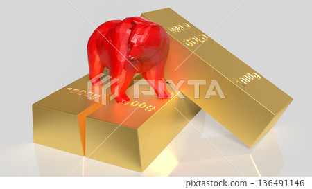 Red Bear Market Symbol Standing On Gold Bars Investment Concept 3d render. Red Bear Market Symbol Standing On Gold Bars Investment Concept 3d render. 136491146