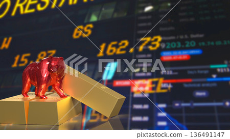 Red Bear Market Symbol On Gold Bars With Falling Stock Chart 3d render. Red Bear Market Symbol On Gold Bars With Falling Stock Chart 3d render. 136491147
