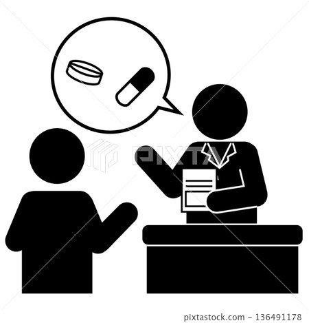 Pictogram of a person receiving medication explanation from a pharmacist 136491178