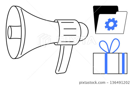 Marketing campaigns, data organization, business strategy, promotions, customer engagement, teamwork tools. Megaphone, folder with gear gift box. Marketing campaigns and data organization concept Marketing campaigns, data organization, business strategy, promotions, customer engagement, teamwork tools. Megaphone, folder with gear gift box. Marketing campaigns and data organization concept 136491202