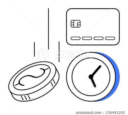 Finance, digital payment, time management, banking, financial transactions, saving money. Coin, clock and credit card in simple black and blue design. Finance and digital payment ideas Finance, digital payment, time management, banking, financial transactions, saving money. Coin, clock and credit card in simple black and blue design. Finance and digital payment ideas 136491203
