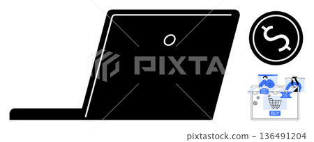 E-commerce, digital transactions, online retail, financial management, shopping cart, payment gateway. Black laptop silhouette, dollar currency icon checkout process with card. E-commerce 136491204