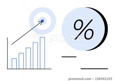Financial planning, data visualization, business analytics, marketing strategy, investment progress, growth performance. Bar chart, arrow hitting bullseye and a percentage icon. Financial planning 136491205