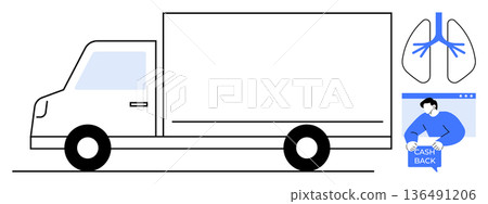 Logistics, transportation, e-commerce, healthcare delivery, online shopping, financial incentives. A truck illustration with lungs and cash back symbol. Logistics and transportation concept 136491206