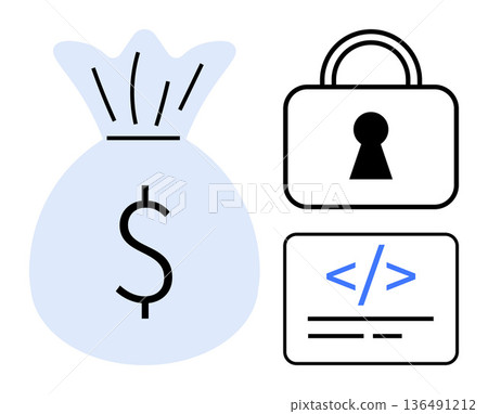 Financial security, online transactions, data encryption, digital safety, secure coding, cybercrime prevention. Money bag, lock code symbol safety and coding. Financial security online transactions Financial security, online transactions, data encryption, digital safety, secure coding, cybercrime prevention. Money bag, lock code symbol safety and coding. Financial security online transactions 136491212