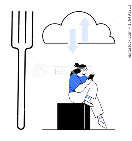 Digital transformation, food delivery services, cloud storage, data management, online connectivity, modern lifestyle. A woman seated with a smartphone, cloud upload download icon and fork. Digital 136491213