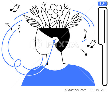 Creativity, mindfulness, mental health, music therapy, relaxation, self-care. Minimalistic person with floral brain and earphones. Creativity and mindfulness by music and nature Creativity, mindfulness, mental health, music therapy, relaxation, self-care. Minimalistic person with floral brain and earphones. Creativity and mindfulness by music and nature 136491219