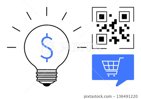 E-commerce, financial innovation, online shopping, cashless transactions, tech solutions, digital retail. QR code with cart icon and light bulb with dollar symbol. E-commerce and financial innovation 136491220