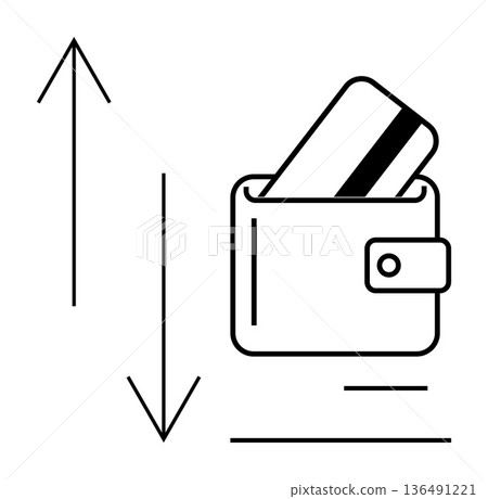 Online shopping, digital finance, payment methods, money transfer, e-commerce, transaction flow. A wallet with a credit card and up-and-down arrows. Digital finance and payment methods concept 136491221