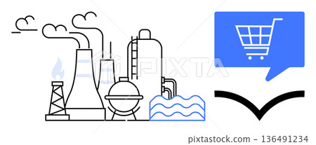 Industry 4.0, sustainability, online shopping, industrial processes, supply chain digital solutions. Factory emitting smoke beside shopping cart icon. Industry 4.0 and online shopping Industry 4.0, sustainability, online shopping, industrial processes, supply chain digital solutions. Factory emitting smoke beside shopping cart icon. Industry 4.0 and online shopping 136491234