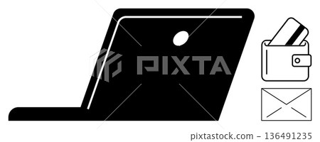E-commerce, online payment security, digital transactions, technology, communication, fintech. Laptop image alongside wallet with credit card and email icon. E-commerce and payment security concept E-commerce, online payment security, digital transactions, technology, communication, fintech. Laptop image alongside wallet with credit card and email icon. E-commerce and payment security concept 136491235