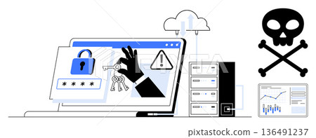Data protection, hacking alert, system security, online threats, cybercrime prevention, cloud safety. A hand holding keys near a locked screen, warning symbols and a skull icon. Data protection Data protection, hacking alert, system security, online threats, cybercrime prevention, cloud safety. A hand holding keys near a locked screen, warning symbols and a skull icon. Data protection 136491237