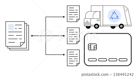 Recycling, sustainability, waste management, workflows, eco-friendly innovation, digital services. Documents connected to a recycling truck and card. Recycling and sustainability concepts 136491242