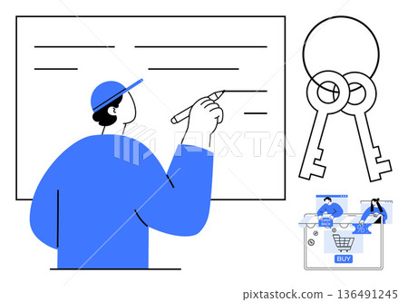 Education, online learning, e-commerce, key solutions, security, teamwork. Illustration features person writing on board, keys and online cart. Education and e-commerce concept 136491245