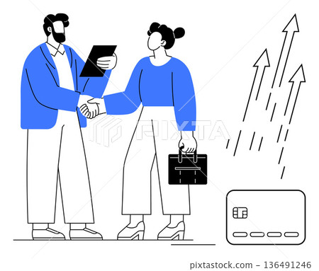 Business collaboration, financial growth, economic planning, investment, entrepreneurship, success. Two business professionals shaking hands with graphs and a credit card illustration. Business 136491246