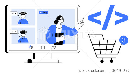 E-learning, technology, online shopping, coding lessons, education platforms, virtual classrooms. Educator teaching on a screen, coding symbol and shopping cart. E-learning and technology usage 136491252