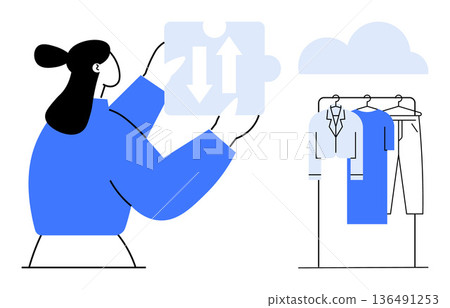 Decision making, clothing selection, e-commerce, wardrobe management, strategy planning, personal organization. Woman holding puzzle-thumbs up piece with directional arrows near wardrobe. Decision Decision making, clothing selection, e-commerce, wardrobe management, strategy planning, personal organization. Woman holding puzzle-thumbs up piece with directional arrows near wardrobe. Decision 136491253