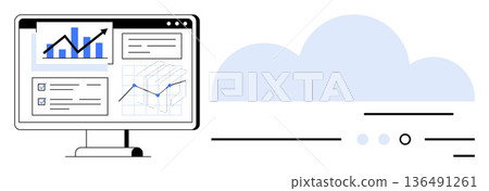 Business analytics, cloud storage, digital transformation, data visualization, online business, IT services. Computer screen with data charts and icons next to a cloud graphic. Business analytics 136491261