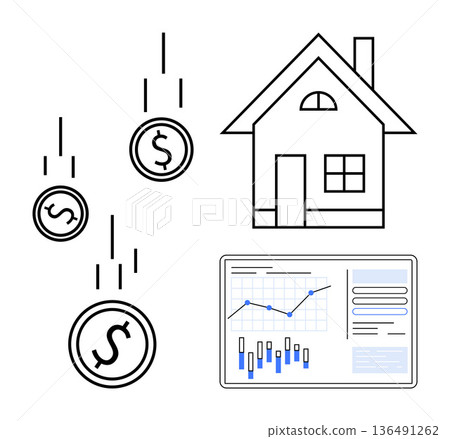 Real estate, investments, financial planning, market analysis, wealth growth, housing market. A house, dollar coins and financial charts. Real estate and investments concept Real estate, investments, financial planning, market analysis, wealth growth, housing market. A house, dollar coins and financial charts. Real estate and investments concept 136491262